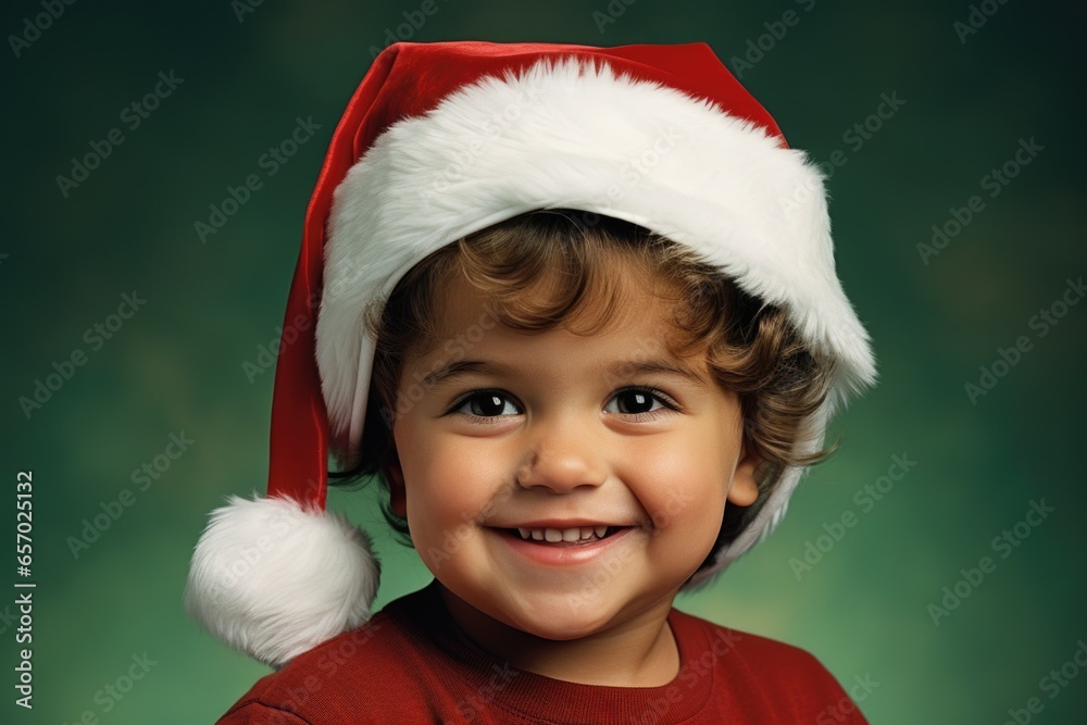 Festive kid with a Santa hat on a lush green background Festive kid with a Santa hat on a lush green background