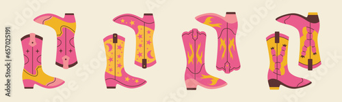 Vector collection of different cowboy boots. Texas and rodeo concept. Western set. Stylish retro wild west boots.