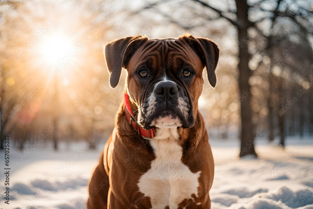 Boxer outdoors in a park in winter snowy season during late winter sunset with a sun flares in the background.