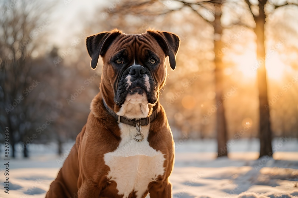 Boxer outdoors in a park in winter snowy season during late winter sunset with a sun flares in the background. Boxer outdoors in a park in winter snowy season during late winter sunset with a sun flares in the background.