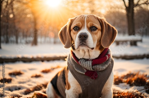 Beagle outdoors in a park in winter snowy season during late winter sunset with a sun flares in the background. Generative Ai.