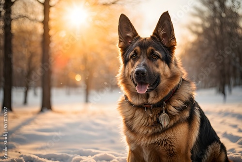 German Shepherd outdoors in a park in winter snowy season during late winter sunset with a sun flares in the background. Generative Ai.