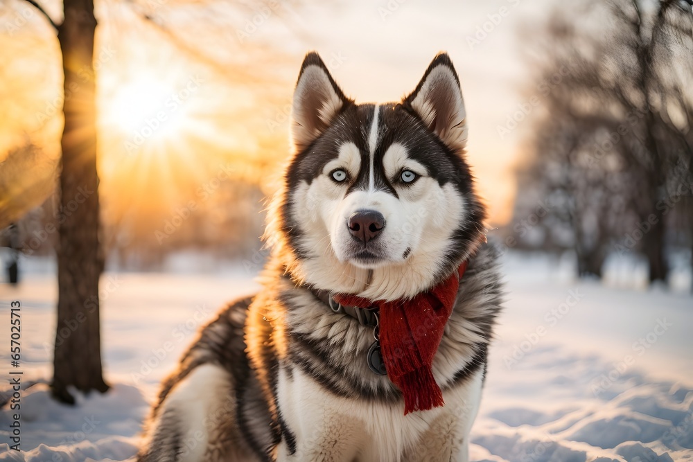 Siberian Husky outdoors in a park in winter snowy season during late winter sunset with a sun flares in the background. Generative Ai.
