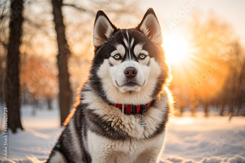 Siberian Husky outdoors in a park in winter snowy season during late winter sunset with a sun flares in the background. Generative Ai.