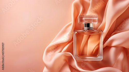 Generative AI, Bottle of perfume on a orange silk background. Glass flask with orange fragrance packaging design mock up photo