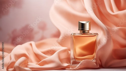 Generative AI, Bottle of perfume on a orange silk background. Glass flask with orange fragrance packaging design mock up