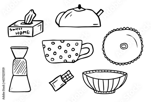 Doodle vector home design interior set. Hand drawn cute house elements. Kitchen accessories and dishes. Napkin, jug, teapot, cup, dish, chocolate