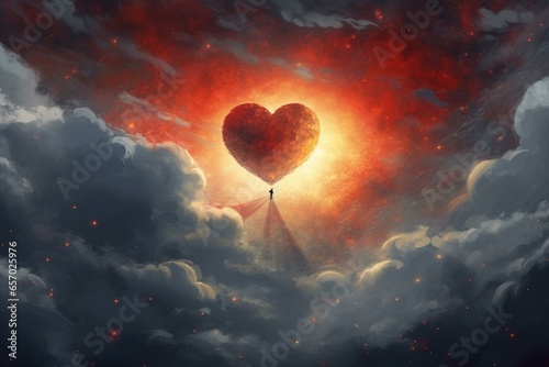 An ethereal view of a figure bearing a red heart in the heavens. Generative AI