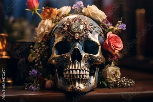 a shiny skull adorned with religious symbols and valuable gems, surrounded by blooming flowers. Generative AI