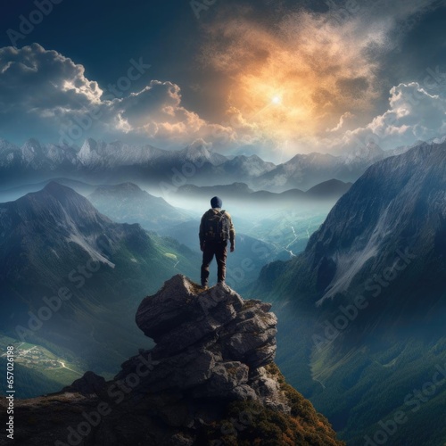Traveler with a backpack standing on a mountain peak above clouds