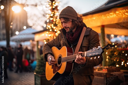 person playing guitar at christmas market