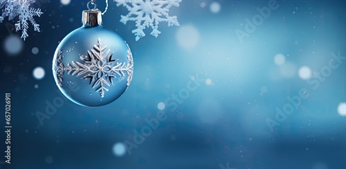 A christmas ornament hanging from a blue background with snowflakes, in the style of spectacular backdrops (Generative Ai)