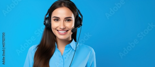 Young woman friendly customer support service operator with headset isolated on blue photo
