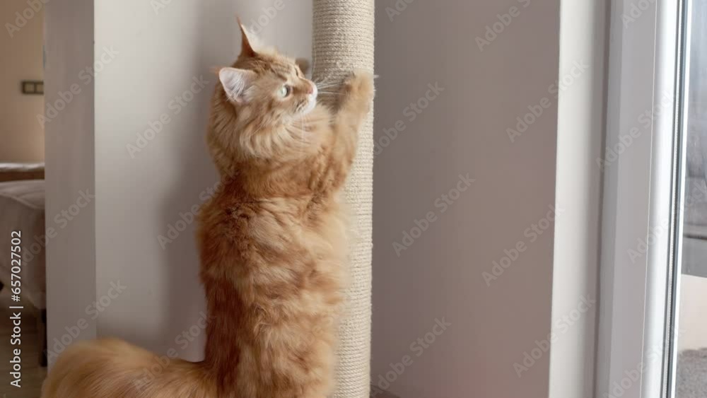Video Stock Fluffy cat sharpening claws on a scratching post against. Maine coon cat sharpening