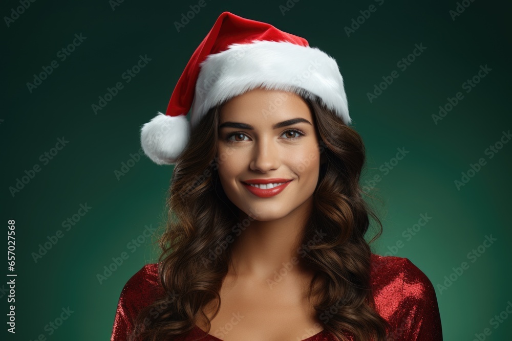 Lady celebrating in a Santa hat against a vibrant green backdrop Lady celebrating in a Santa hat against a vibrant green backdrop