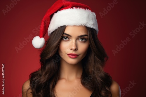 Woman in a Santa Claus cap on a red background during Christmas