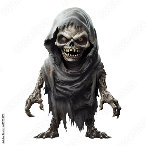 Scary zombie in a black cloak with a scary skull face and long claws on his hands. Risen from the dead. Halloween evil character. Vector isolated illustration created using AI generation