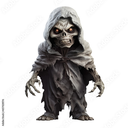 Scary zombie in a black cloak with a scary skull face and long claws on his hands. Risen from the dead. Halloween evil character. Vector isolated illustration created using AI generation