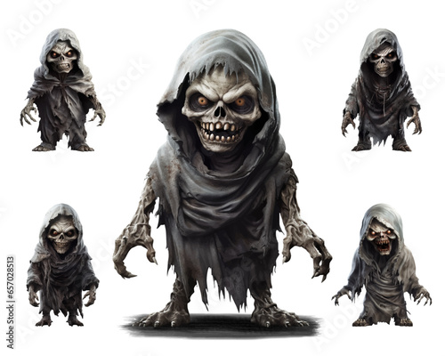 Set of scary zombies in a black cloak with a scary skull face and long claws on his hands. Risen from the dead. Halloween evil character. Vector isolated illustration created using AI generation