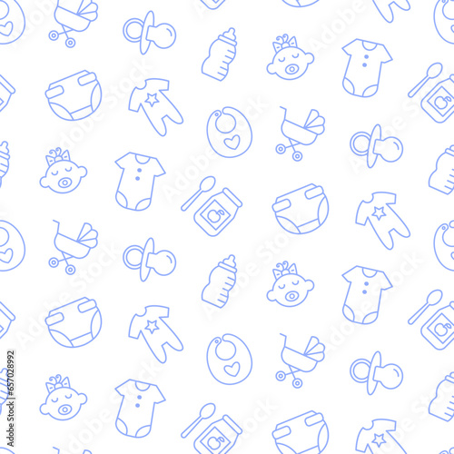Baby care seamless pattern with linear doodle icon