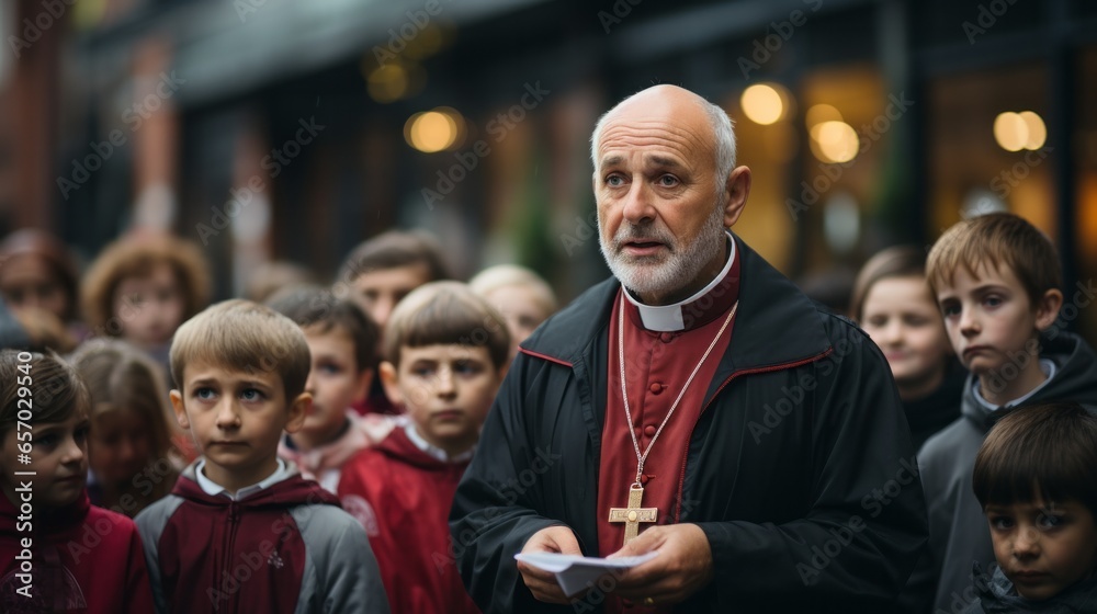 Katholischer Priester vor einer Gruppe Kinder in der Fußgängerzone einer Innenstadt an einem verregneten Nachmittag - obrazy, fototapety, plakaty 