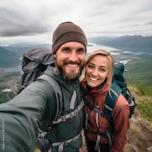 Happy couple of hikers taking selfie picture on top of the mountain - Two travelers with backpack smiling together at camera - Travel blogger influencer streaming using smart mobile phone device, AI