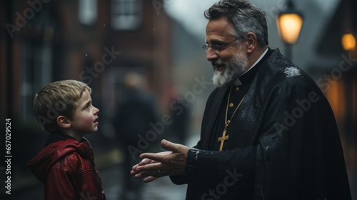 Katholischer Priester in Kleidung spricht auf der Straße einer Stadt mit einem Kind an einem verregneten Nachmittag. photo