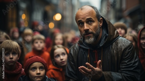 Katholischer Priester vor einer Gruppe Kinder in der Fußgängerzone einer Innenstadt an einem verregneten Nachmittag