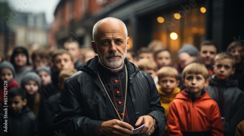 Katholischer Priester vor einer Gruppe Kinder in der Fußgängerzone einer Innenstadt an einem verregneten Nachmittag