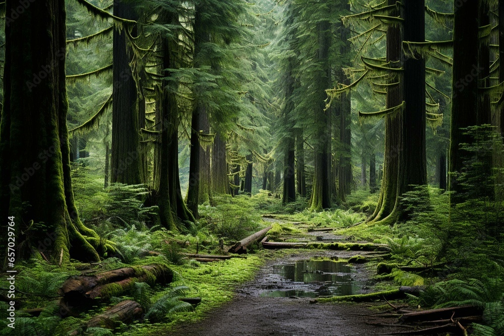Fototapeta premium Beautiful forest in Port Renfrew, Vancouver Island, BC, Canada. Generative AI