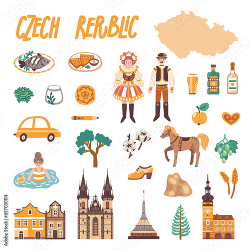 Vector icon set of Czech Republic's symbols. Travel illustration with Czech landmarks, people, food and symbols. 