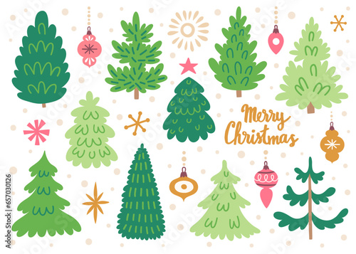 Vector set of christmas trees. Hand drawing winter background with fir tree, Christmas ornaments, stars and snowflakes. Holiday poster with Christmas symbols. Isolated on white.