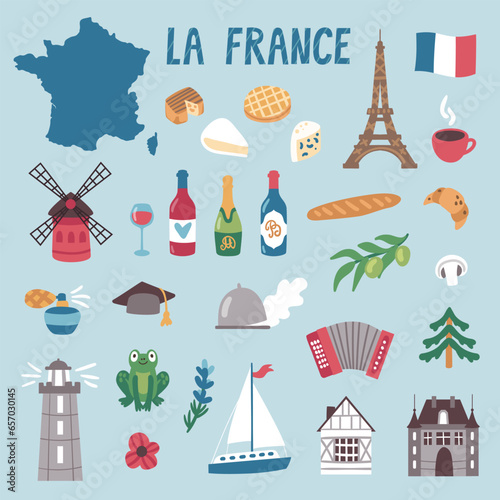 Vector icon set of France's symbols. Travel illustration with French landmarks, cheese, wine and symbols. 