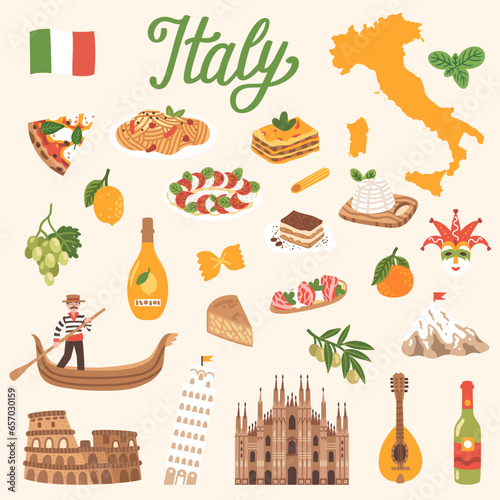 Vector icon set of Italy's symbols. Travel illustration with Italian landmarks, symbols, food, drink, fruits, desserts. 