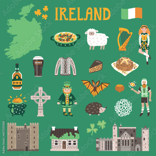 Vector icon set of Ireland's symbols. Travel illustration with Irish landmarks, people, food and symbols. 