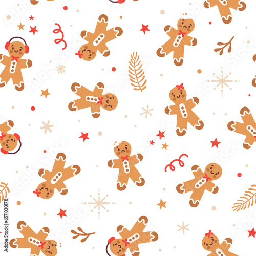 Vector holiday seamless pattern with ginger cookies and snowflakes. Winter repeated texture with gingerbread man. Christmas print for fabric and wrapping paper. Scandinavian style. Kids illustration.