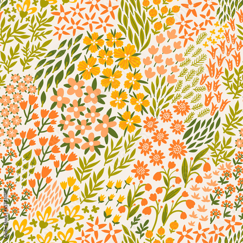 Vector flower seamless pattern. Endless repeated texture with flowers, leaves, branches. Floral background.
