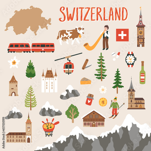Vector icon set of Switzerland's symbols. Travel illustration with Swiss landmarks, mountain, people and symbols. 