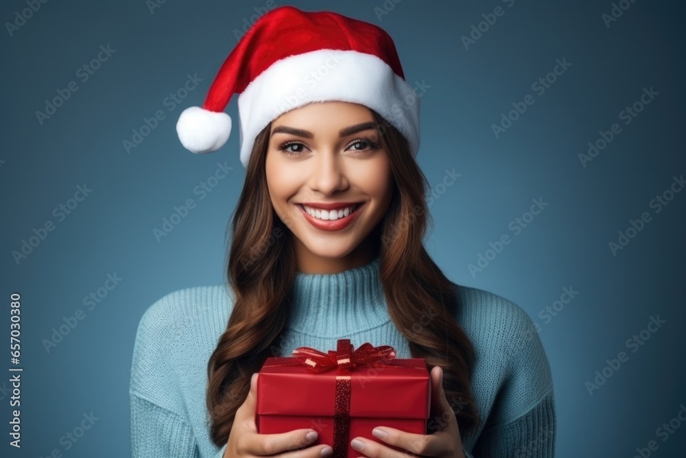 Christmas woman in a Santa Claus hat, clutching a gift, on a peaceful blue surface Christmas woman in a Santa Claus hat, clutching a gift, on a peaceful blue surface