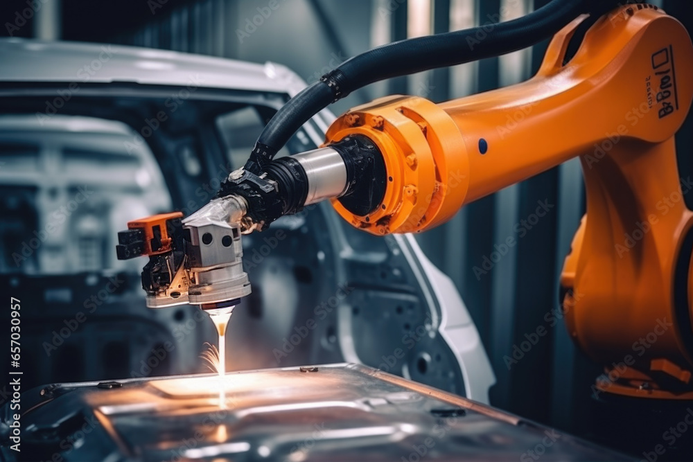 Industrial robot is welding in car factory. Car manufacturer, automobile production