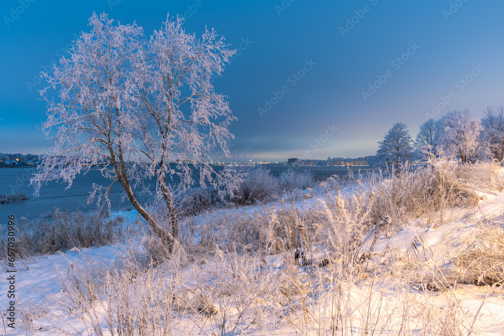Frosty white tree on Daugava river bank by Daugava Promenade in Riga on snowy winter evening. Riga city skyline in the background
Frosty white tree on Daugava river bank by Daugava Promenade in Riga on snowy winter evening. Riga city skyline in the background