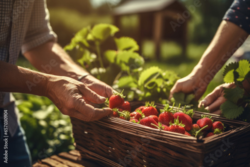  farmer is putting strawberries in a basket in the garden