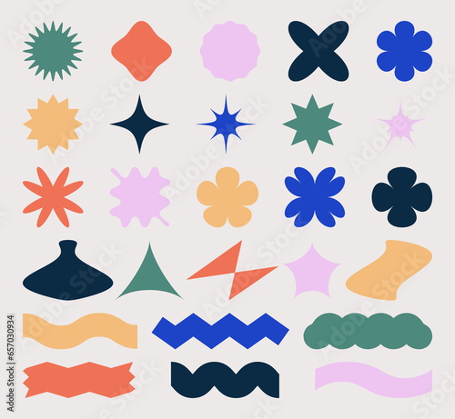 Set abstract geometric shapes in brutalism style. Minimalist primitive vector elements, various basic forms. Simple figures, flower, star, wave and ribbon. Brutal contemporary form, bauhaus figures