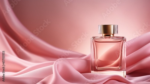 Generative AI, Bottle of perfume on a pink silk background. Glass flask with pink fragrance packaging design mock up