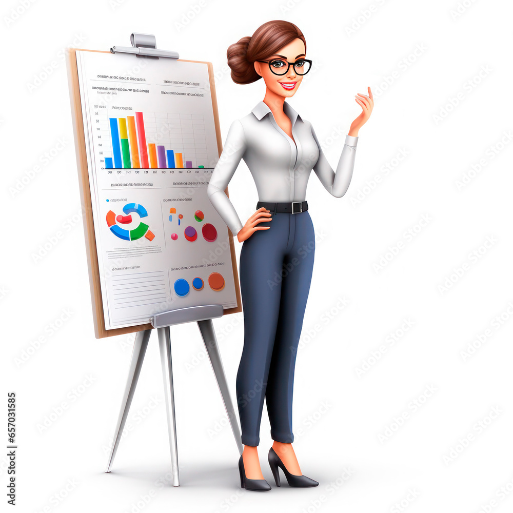 Business presentation. 3d icon of an office woman who presents a diagram and graph to colleagues. Concept of results and data. Business presentation. 3d icon of an office woman who presents a diagram and graph to colleagues. Concept of results and data.