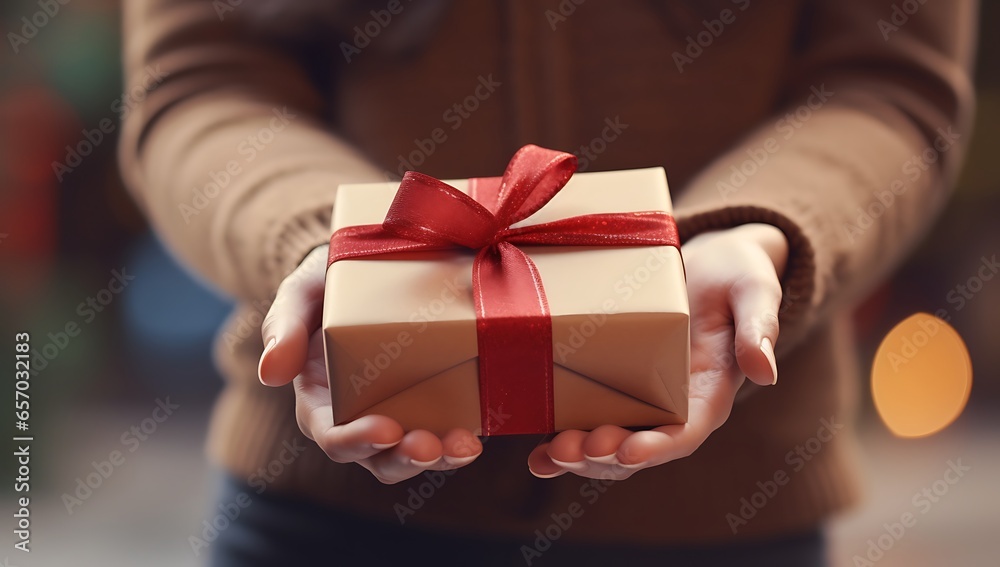 close up of woman hands holding christmas gift box over christmas background