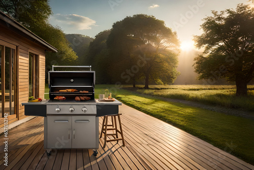 Barbecue in the view of sunnset and nature photo