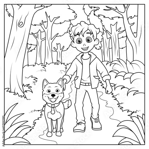 A boy walks with a dog in the forest. Coloring book for children. Vector illustration