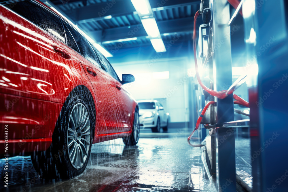 Car in a automatic car wash, close up - obrazy, fototapety, plakaty 