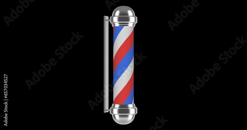 Rotating barbershop pole with shiny caps glowing, 4k footage with alpha channel. Animated spiral pole.